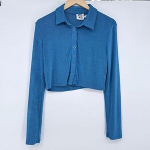 Princess Polly Elody Long Sleeve‎ Button Down Crop Top Blouse Blue Size 12